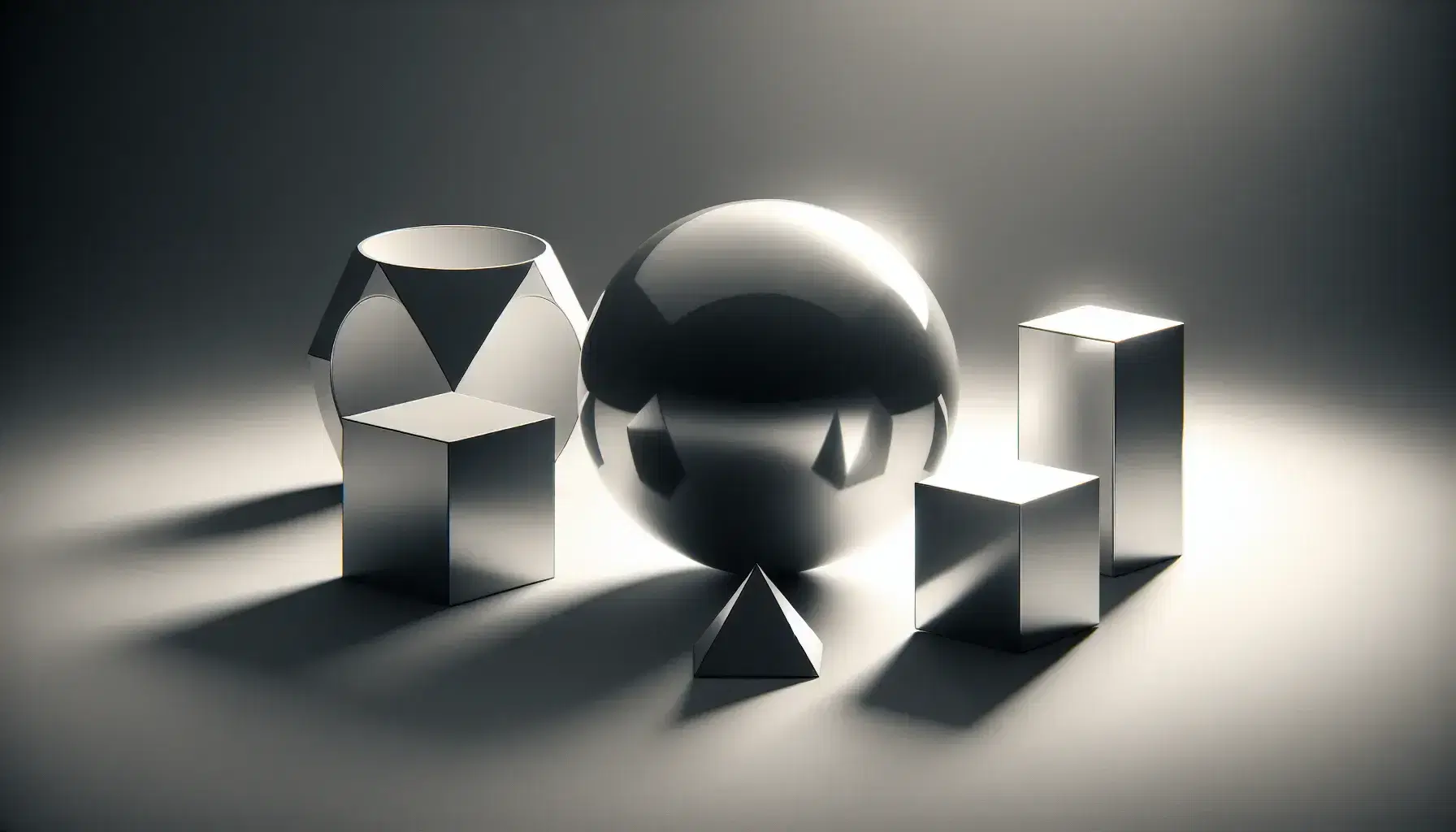 Collection of geometric solids on a matte surface, featuring a reflective sphere, a tetrahedron, a cube, and a cylinder with soft lighting and neutral background.