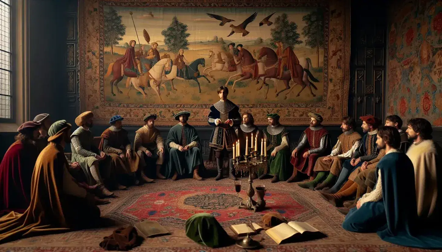 Grupo de personas en atuendos medievales escuchando a un narrador en una habitación con tapiz de caza, mesa con candelabro y perro en primer plano.