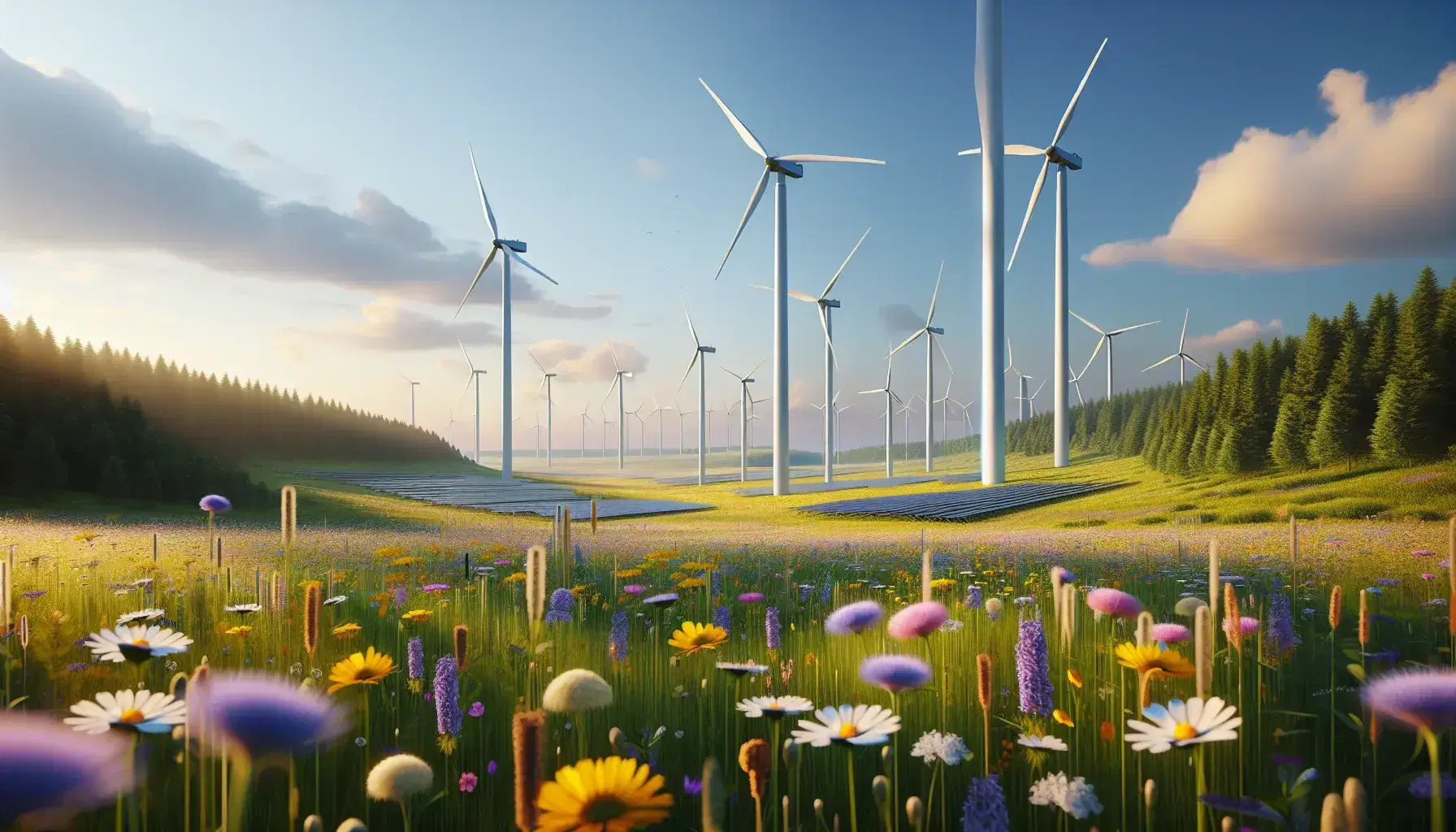 Landscape with wind farm, white turbines moving on green field with wild flowers, blue sky and solar panels.