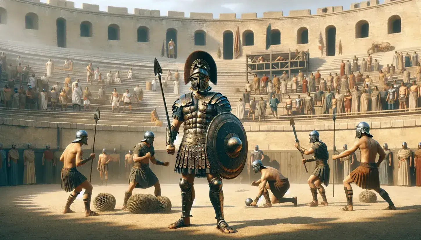 Gladiatori romani si allenano in arena, con armature e armi varie, sotto un cielo quasi senza nuvole.