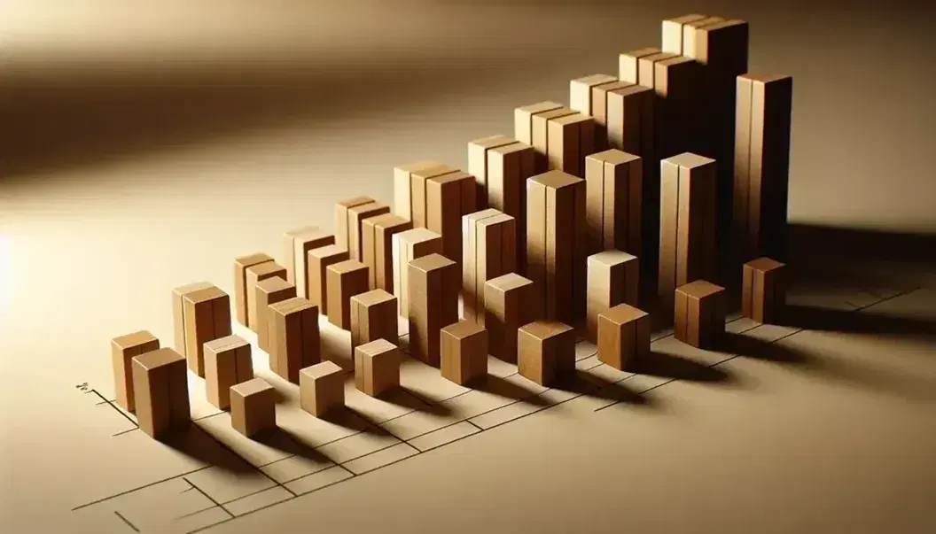 Bloques de madera en secuencia ascendente y descendente sobre superficie clara, creando un efecto de gráfico de barras tridimensional con sombras suaves.