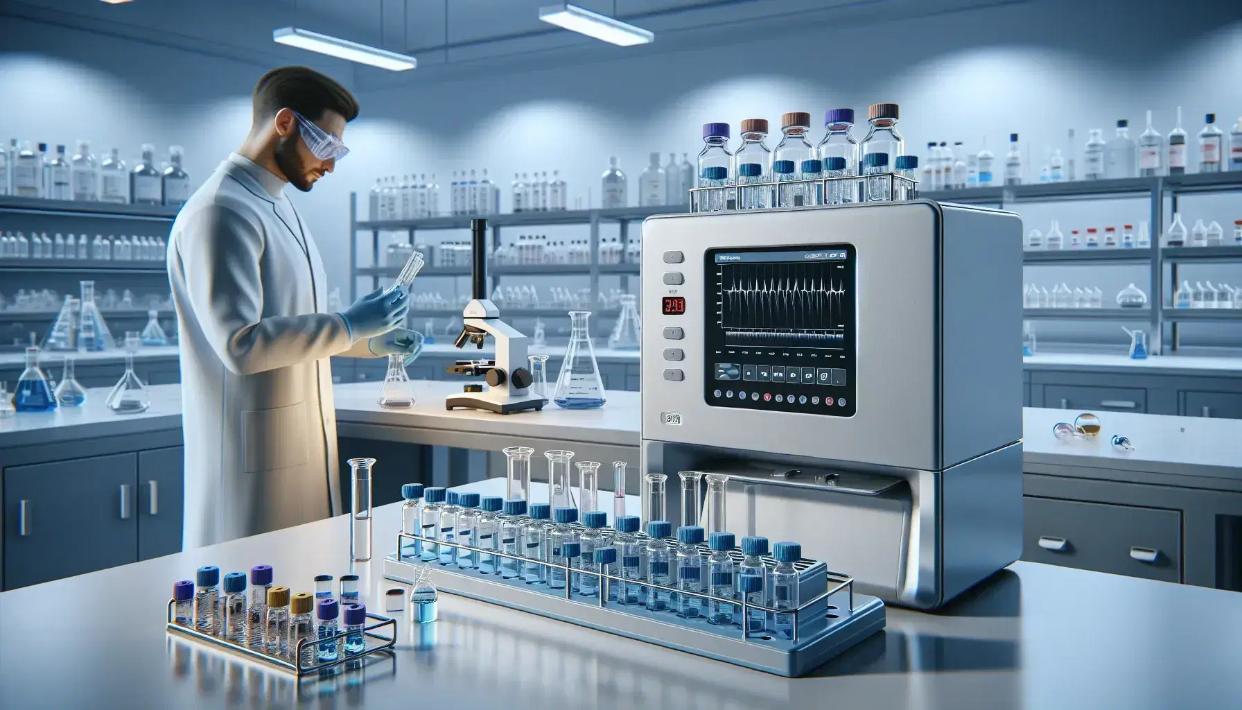 Laboratorio scientifico moderno con spettrometro a infrarossi, provette in rack blu e tecnico in camice che analizza campioni.