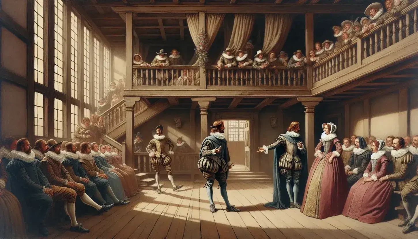 17th-century theatrical performance on a wooden stage with actors in period costumes, spectators on a balcony, and an audience on benches, in natural light.