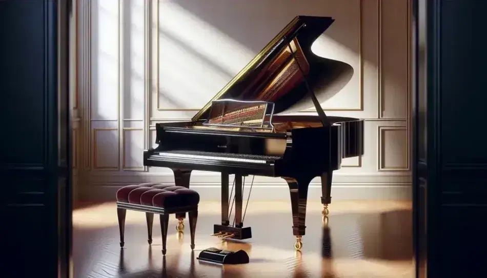 Pianoforte a coda nero lucido in stanza illuminata con seduta imbottita rossa, senza persone, pavimento in legno e spartito aperto.