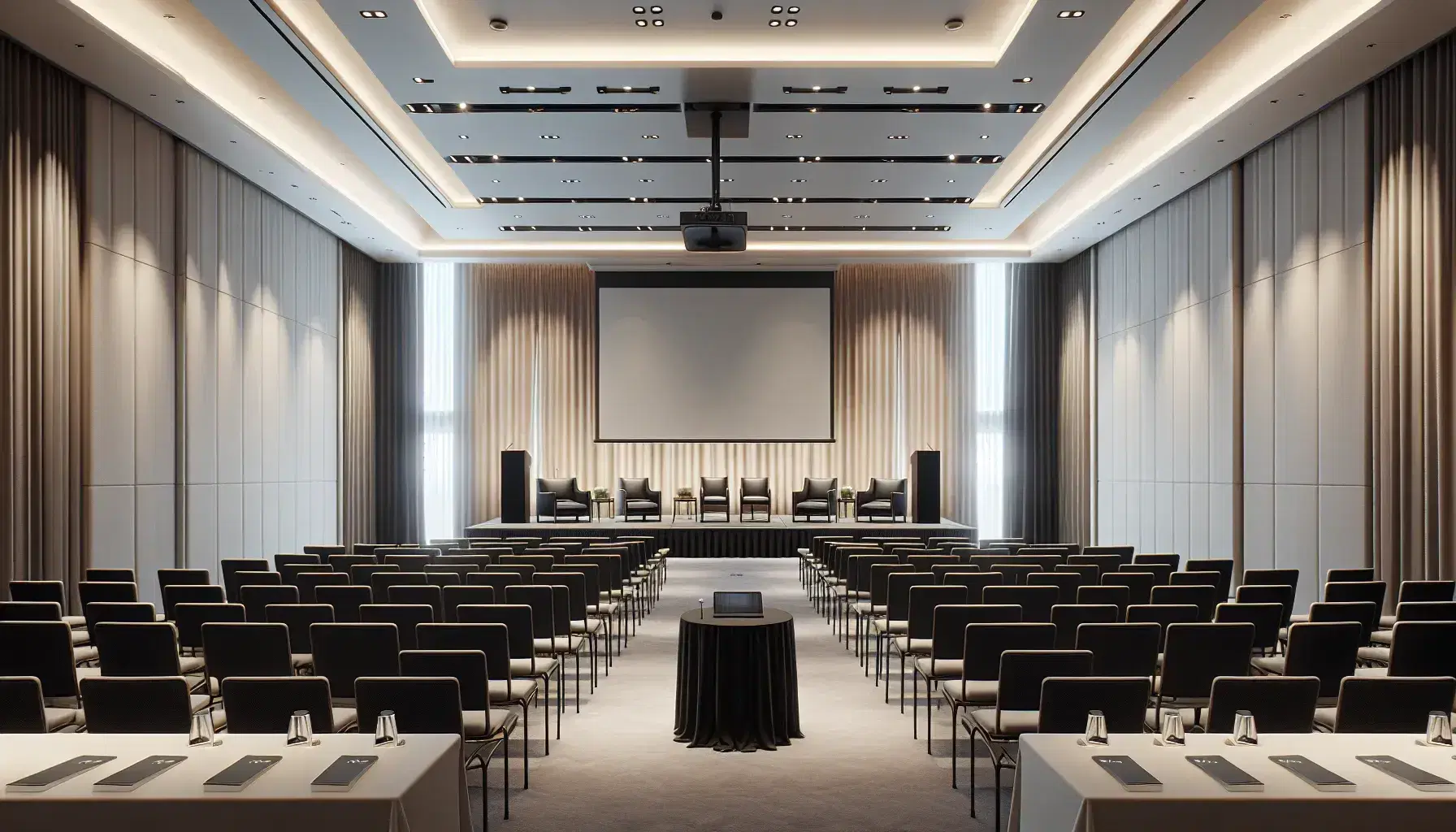 Sala de conferencias vacía con sillas plegables negras, podio de madera y pantalla de proyección, iluminada por luz natural y artificial.