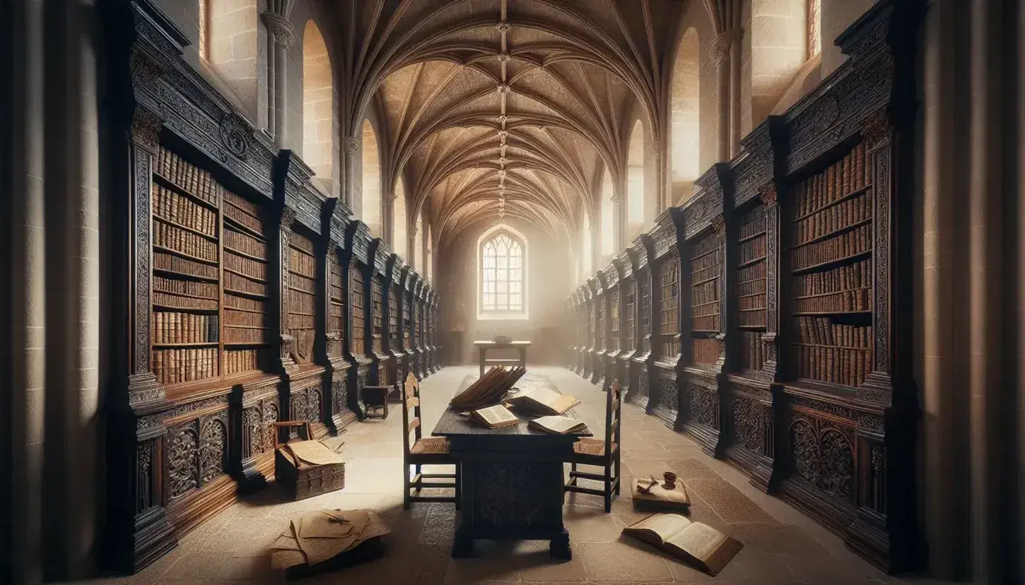 Interno di una biblioteca monastica antica con soffitti a volta, scaffali in legno scuro pieni di libri antichi, un lungo tavolo centrale e sedie intagliate.