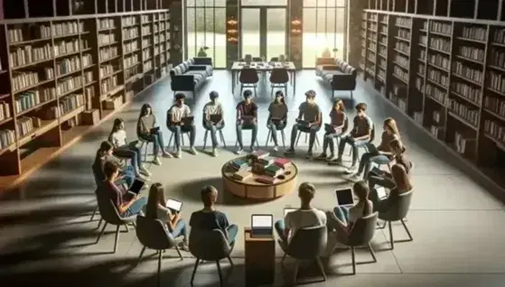 Gruppo di studenti seduti in cerchio su sedie moderne in biblioteca luminosa con dispositivi elettronici al centro e libri sui ripiani.