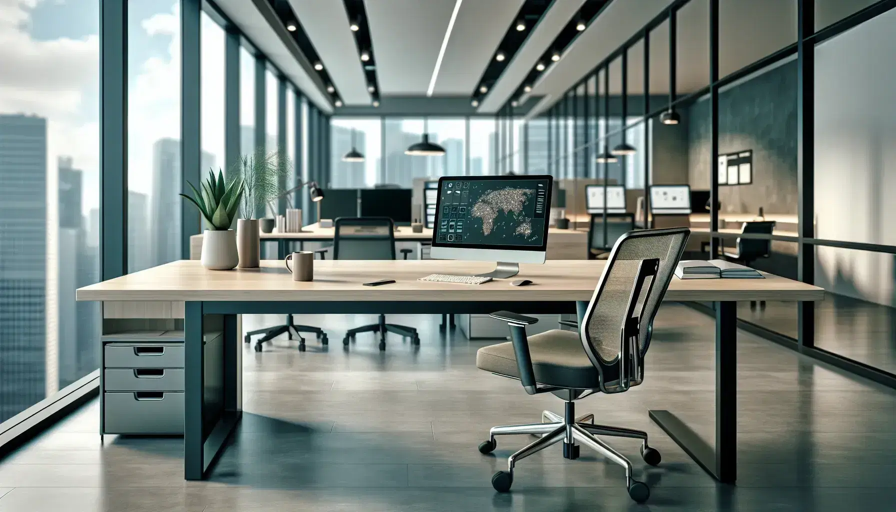 Oficina moderna y luminosa con escritorio de madera, laptop abierta, taza de café, silla ergonómica y plantas verdes, con grandes ventanas y vista a la ciudad.