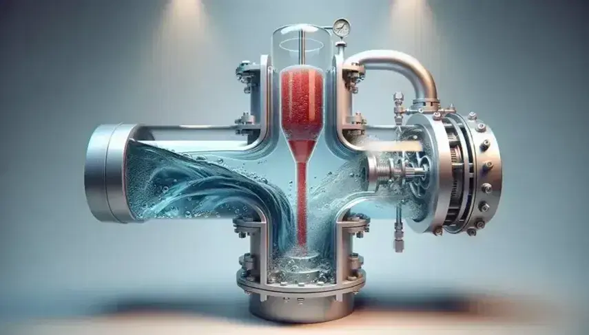 Sección transversal de tubería transparente con agua en flujo turbulento y burbujas, conectada a manómetro en U con líquido rojo y bomba centrífuga metálica.