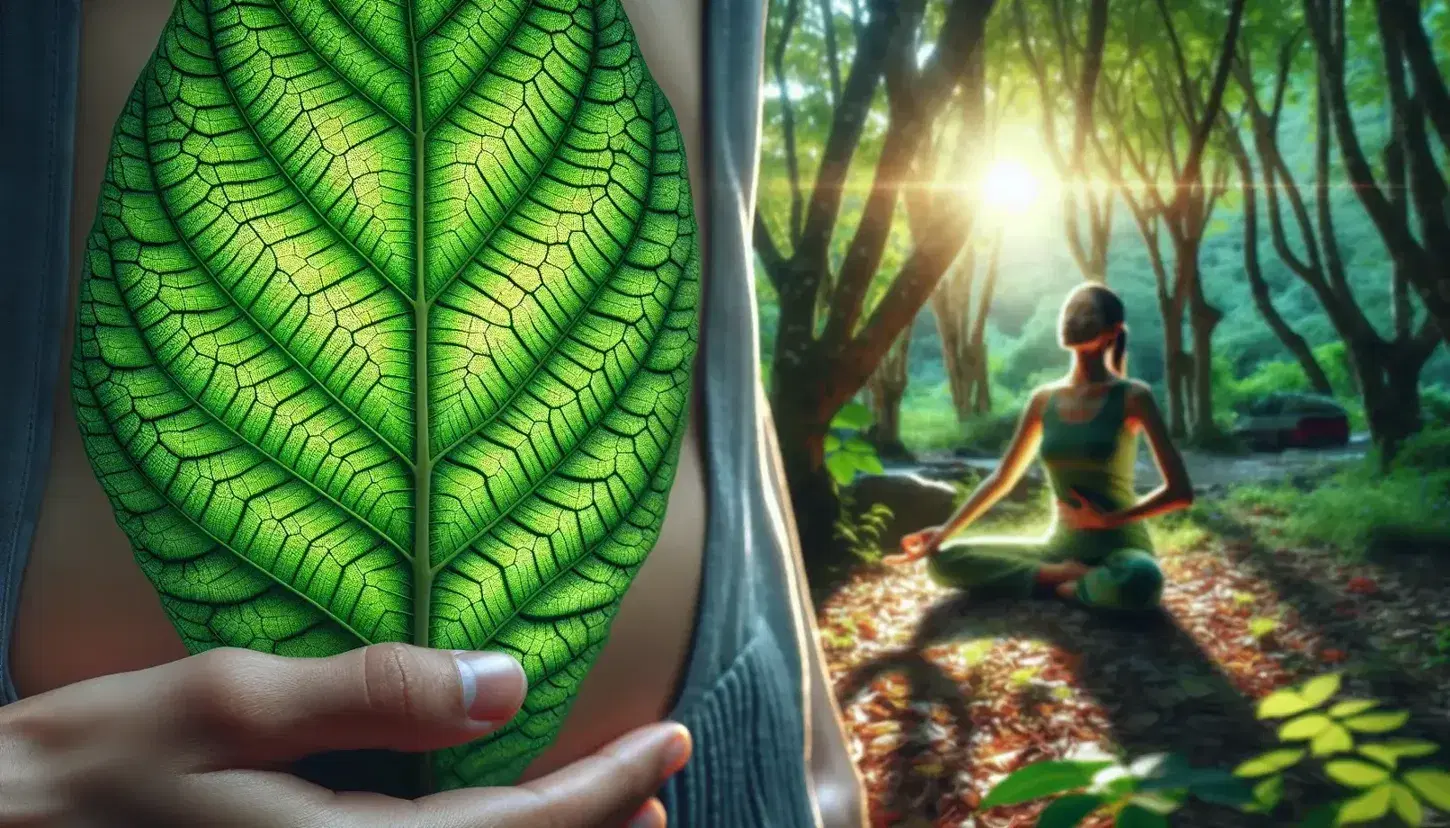 Hoja de planta verde en primer plano con textura de venas y células iluminada por el sol, figura humana relajada en fondo borroso de entorno natural.