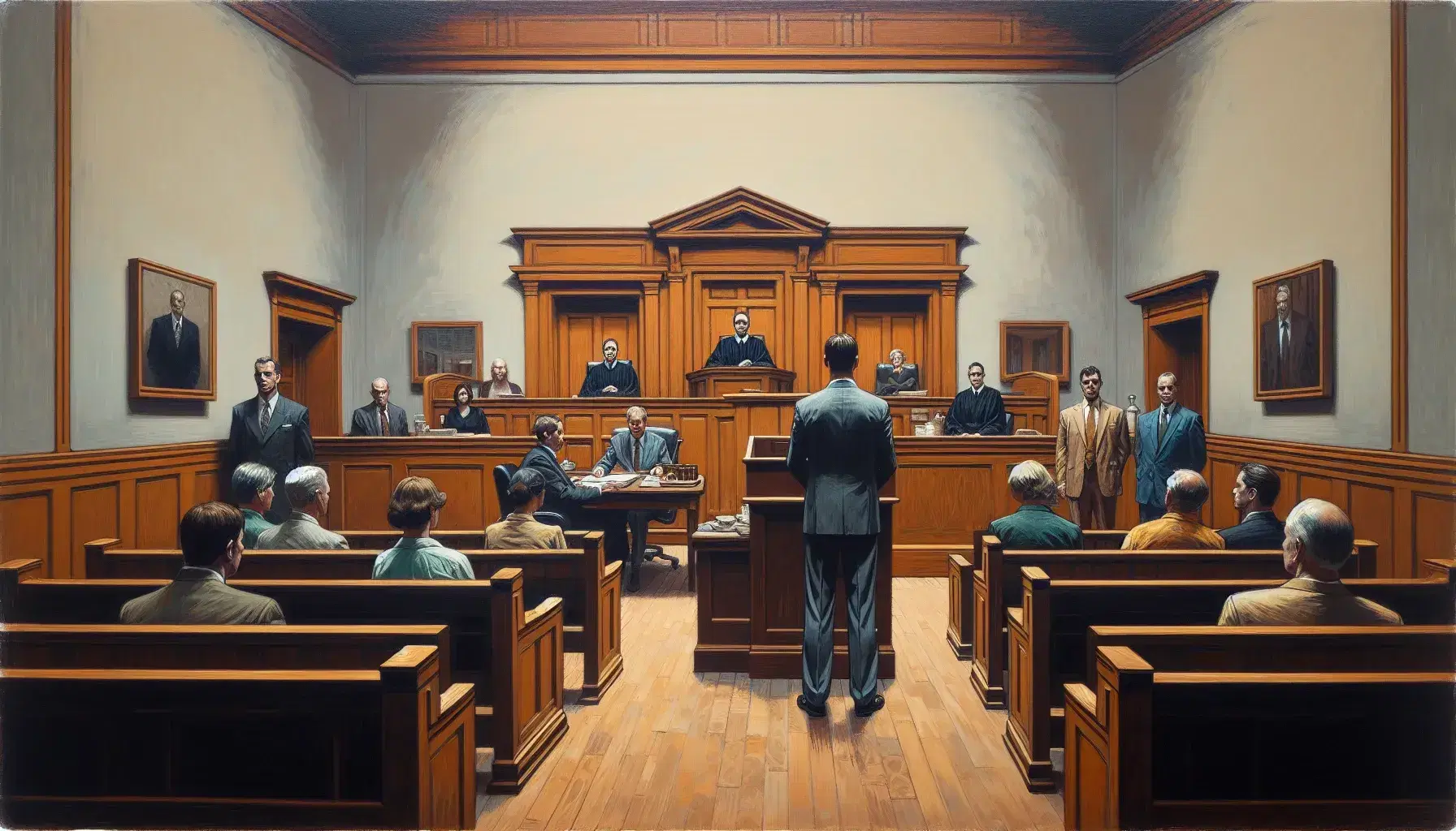Courtroom with wooden judge's bench, lawyer at the podium and two people sitting at the table, audience in the background, soft lighting.