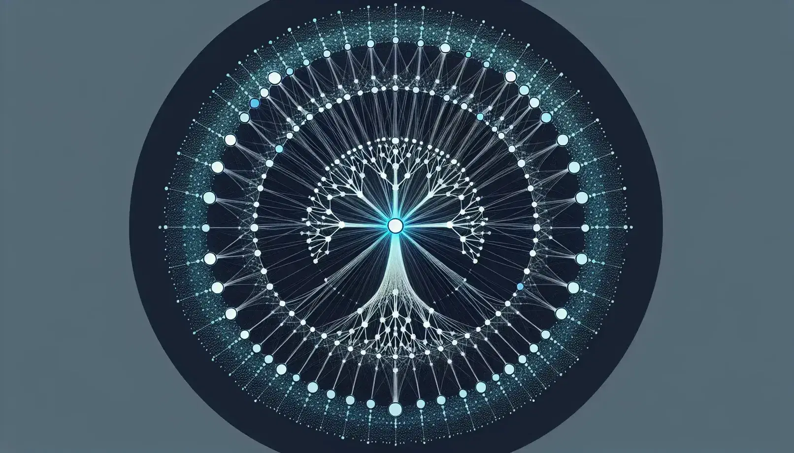 Tree-like nodal network with deep blue central node and secondary nodes in light shades of blue on a dark gray background.