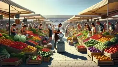 Mercato all'aperto con bancarella di frutta e verdura fresca, persone che fanno la spesa e venditore che pesa prodotti sotto cielo azzurro.
