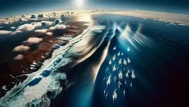 Vista aérea del océano con delfines saltando, costa rocosa, arcoíris tenue y cielo despejado reflejando el sol en las ondas del mar.