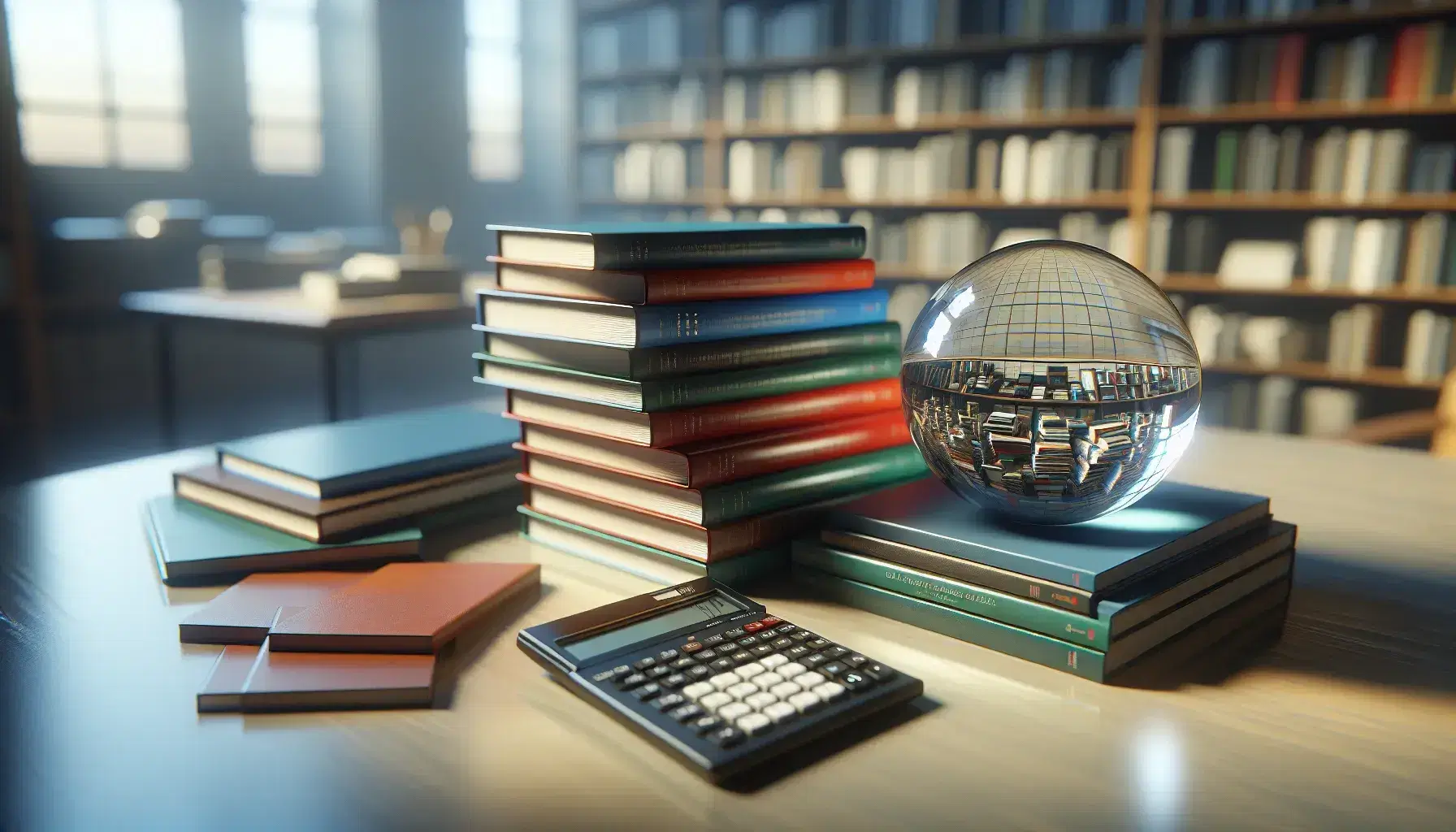 Pila de libros de colores variados sobre mesa de madera con esfera de cristal y calculadora científica apagada, en ambiente de estudio iluminado naturalmente.