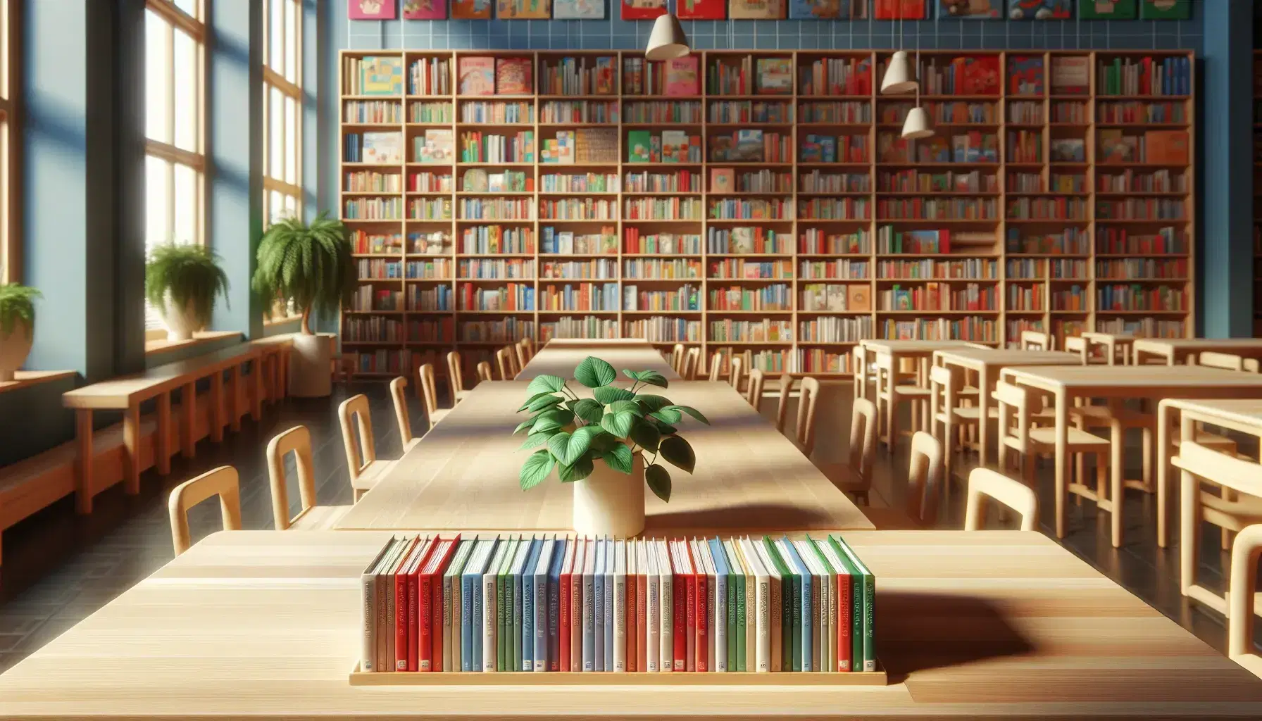 Tavolo in legno con libri colorati impilati in una biblioteca scolastica, scaffali sullo sfondo, pianta verde e luce naturale dalla finestra.