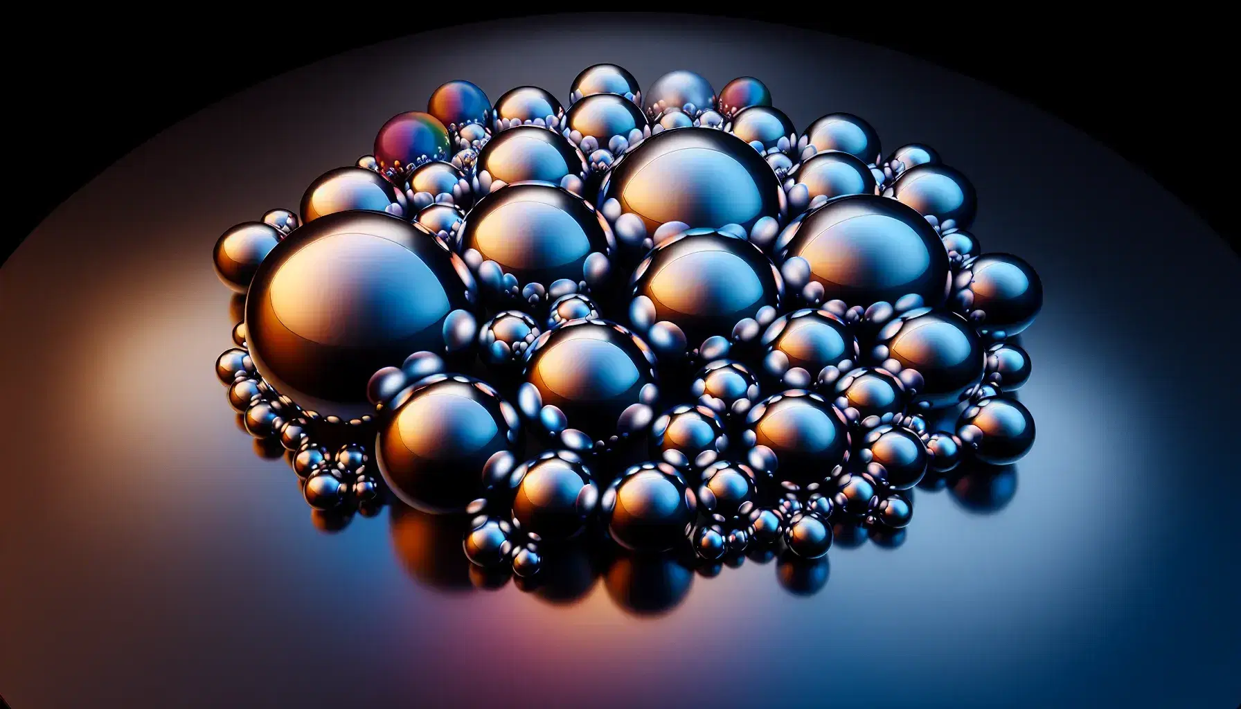 Reflective metallic spheres of varying sizes on a matte black surface, casting shadows and mirroring a colorful environment with blues, purples, oranges, and reds.