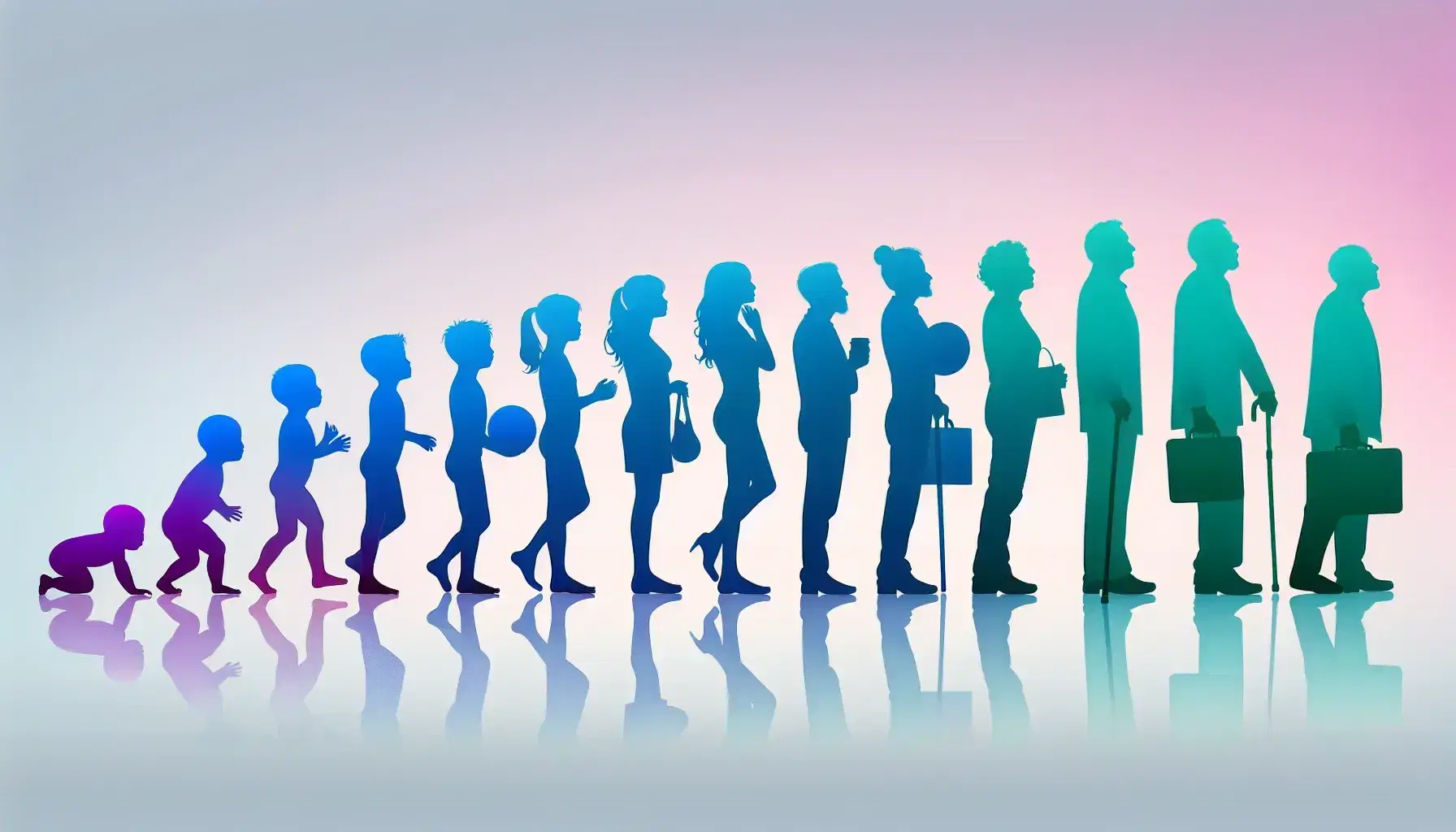 Series of eight human figures in silhouette representing the stages of growth, from newborn to elderly, with a color gradient from blue to purple.