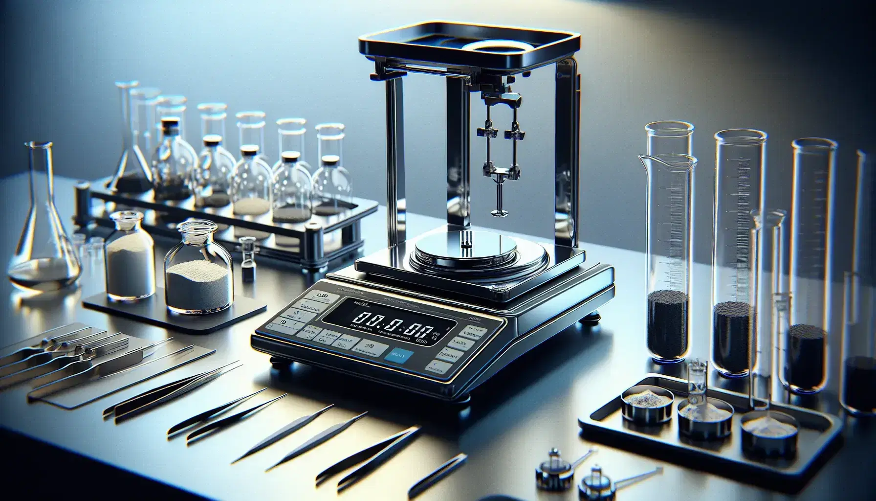 Bilancia analitica di precisione in laboratorio chimico con piatto vuoto, contenitori di vetro e sostanze colorate, pinzette e spatole metalliche.