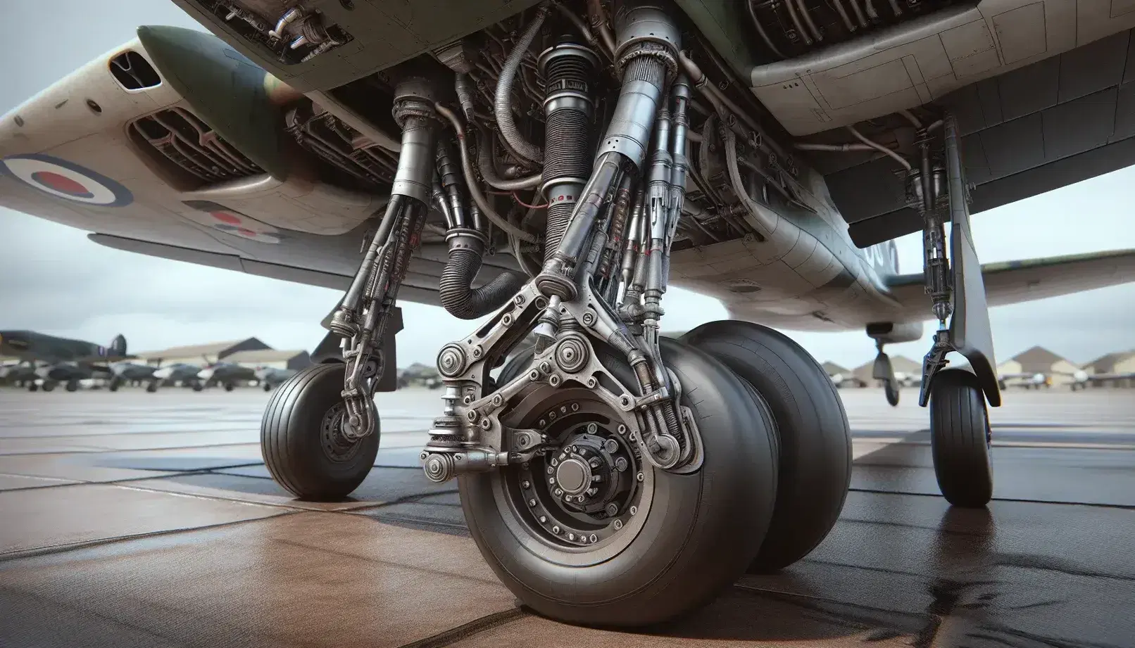 Close-up of the extended landing gear of a Hawker Hurricane with tires, metal structures and hydraulic lines on asphalt background.
