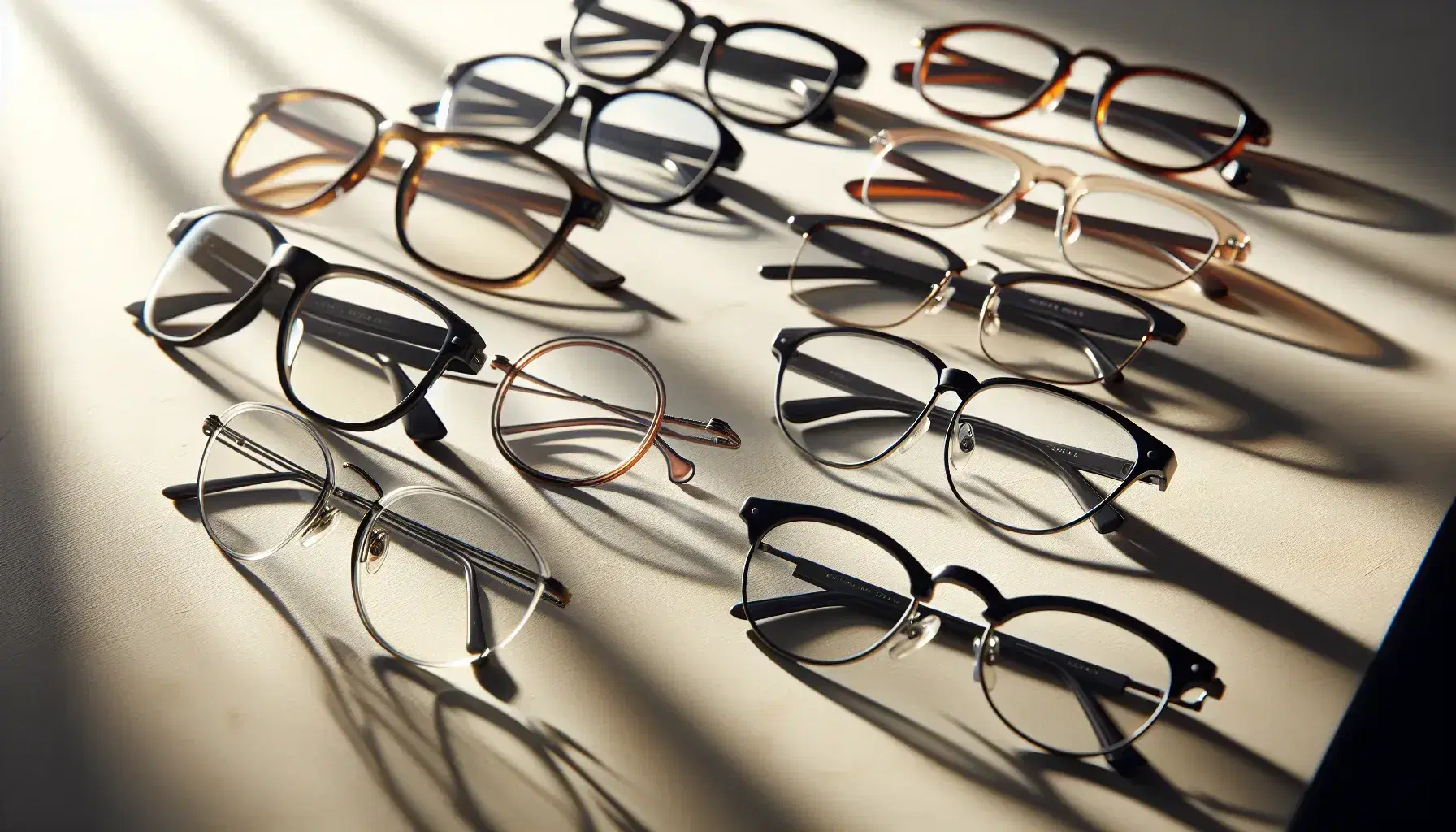 Colección de gafas con lentes transparentes y monturas variadas en colores negro, marrón y metálico sobre superficie clara con planta verde al fondo.
