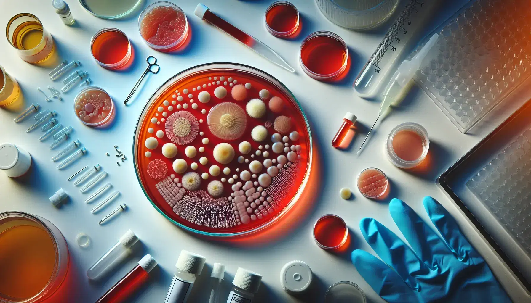 Placa de Petri transparente con medio de cultivo agar rojo y colonias bacterianas de distintos tamaños en laboratorio, rodeada de pipeta, guantes y tubo de ensayo.