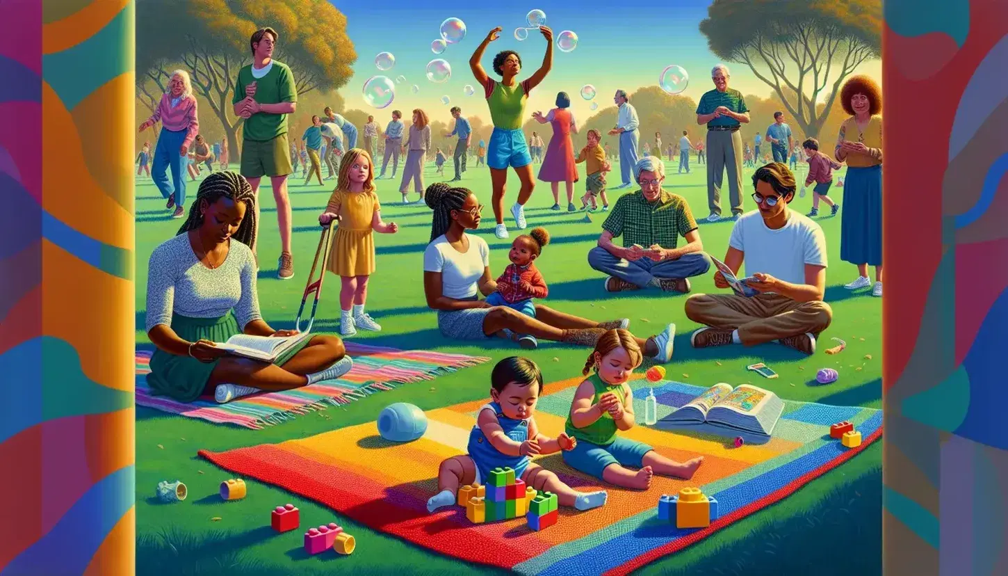 Grupo intergeneracional disfrutando de un parque al aire libre, con bebé jugando con bloques, niña haciendo burbujas, adolescente leyendo, mujer practicando yoga y anciano caminando.