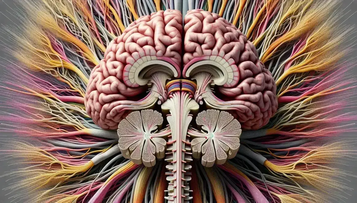 Rappresentazione dettagliata del cervello umano visto dall'alto con cervello, lobi e midollo spinale evidenziati.