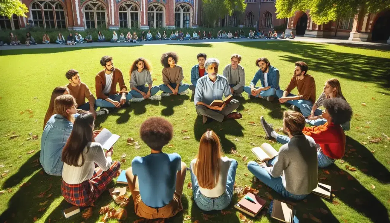 Grupo de estudiantes diversos y profesor en clase al aire libre en campus universitario, debatiendo activamente en círculo sobre césped con edificio académico al fondo.