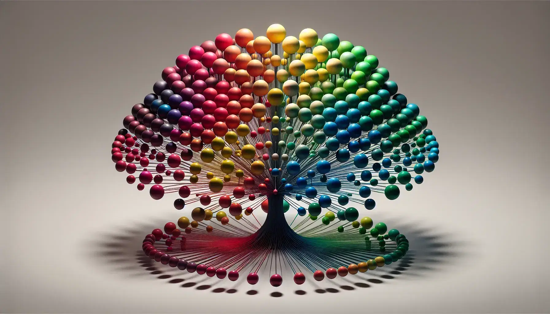 Estructura tridimensional en forma de árbol con esferas de colores vibrantes interconectadas por líneas delgadas sobre fondo blanco.