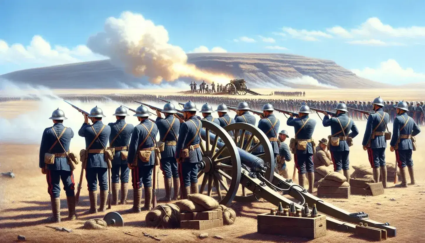 Soldados en uniforme de la Guerra del Pacífico formados con rifles y cañón de bronce en paisaje árido bajo cielo despejado, reflejando tensión bélica.