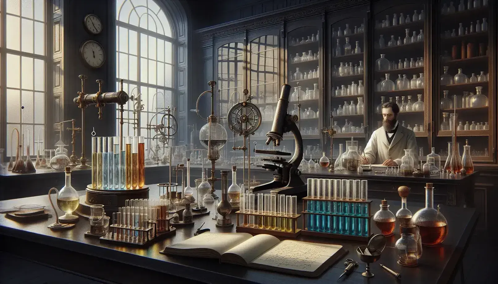 Laboratorio scientifico ottocentesco con tavolo di legno, strumenti di vetro, microscopio, bilance e scienziato che scrive note.