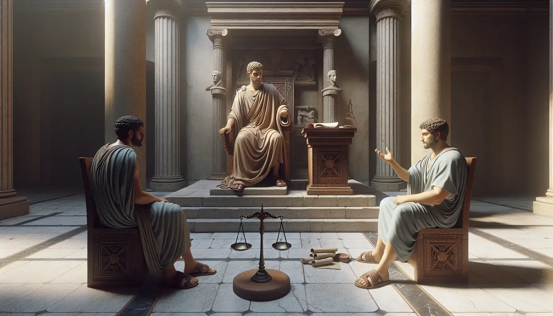 Scena di tribunale romano antico con praetor in toga, due uomini in tunica discutono davanti a tavolo con rotoli di papiro e bilancia.
