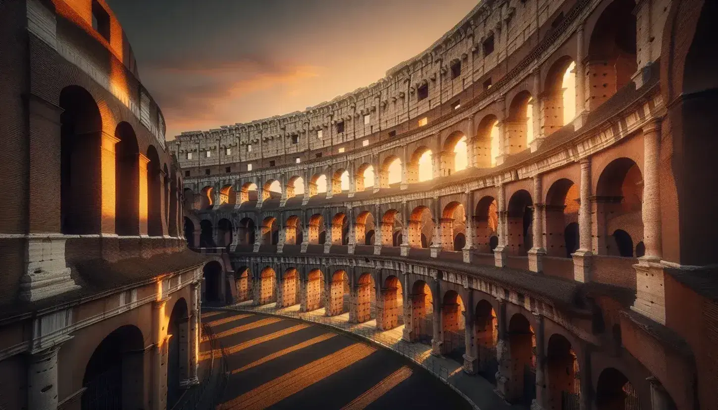 Colosseo di Roma al tramonto con archi concentrici in pietra ocra e beige, ombre lunghe e cielo sfumato da arancio a blu.