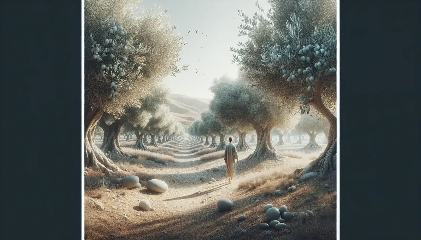 Ulivi argentei in un campo arido con sentiero e figura umana che tocca delicatamente le foglie, sotto un cielo azzurro sereno.