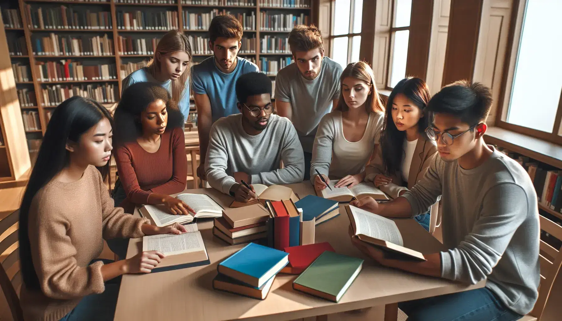 Grupo diverso de estudiantes discutiendo activamente en una biblioteca, rodeados de libros y sentados alrededor de una mesa de madera.