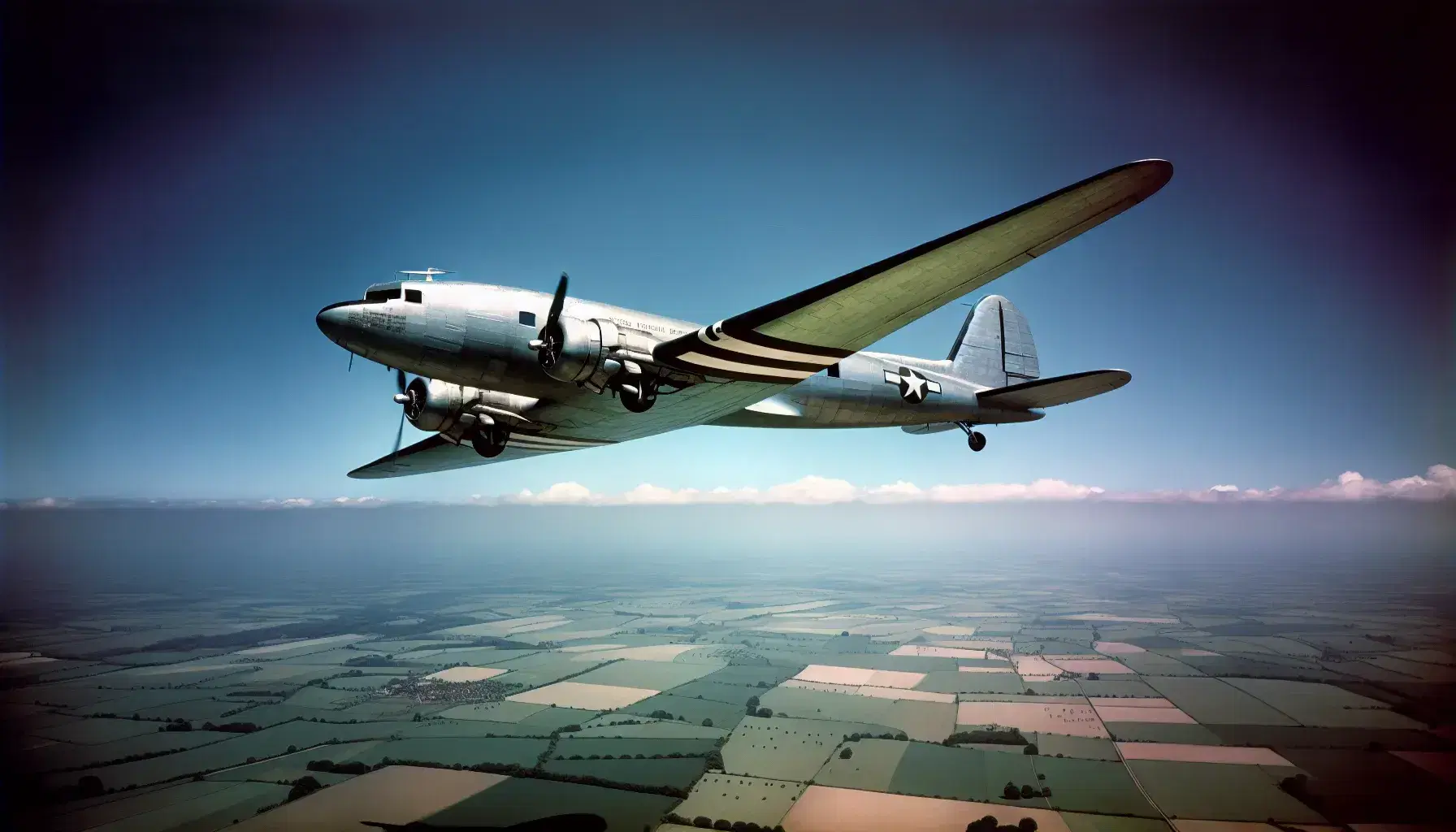 Douglas C-47 Skytrain in flight over a rural patchwork of green fields, clear blue sky backdrop, highlighting its twin-engine design.