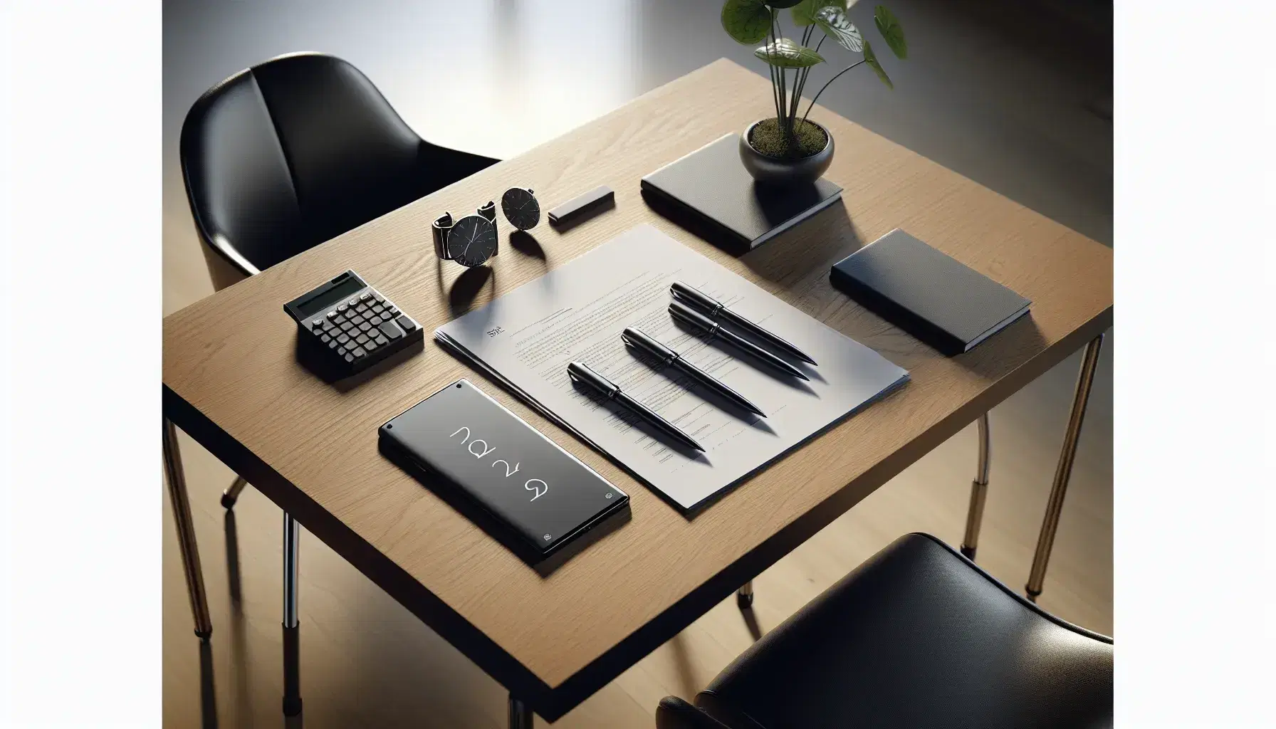 Mesa de madera clara con sillas contemporáneas negras, documentos, bolígrafos, calculadora, smartphone apagado, reloj de pulsera y planta en maceta blanca.