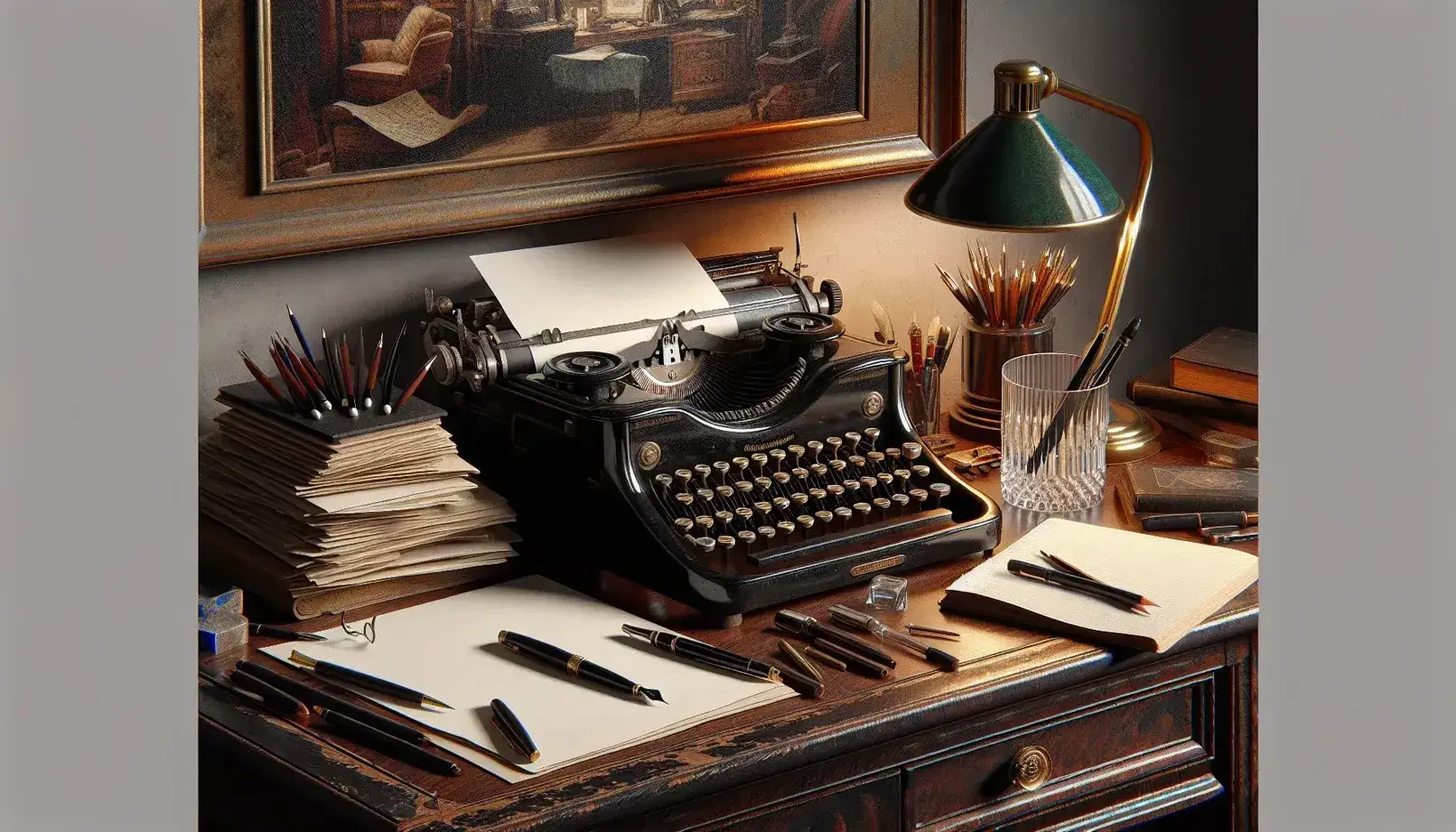 Scrivania antica in legno scuro con macchina da scrivere vintage, penna stilografica, quaderno, pile di fogli e lampada verde.