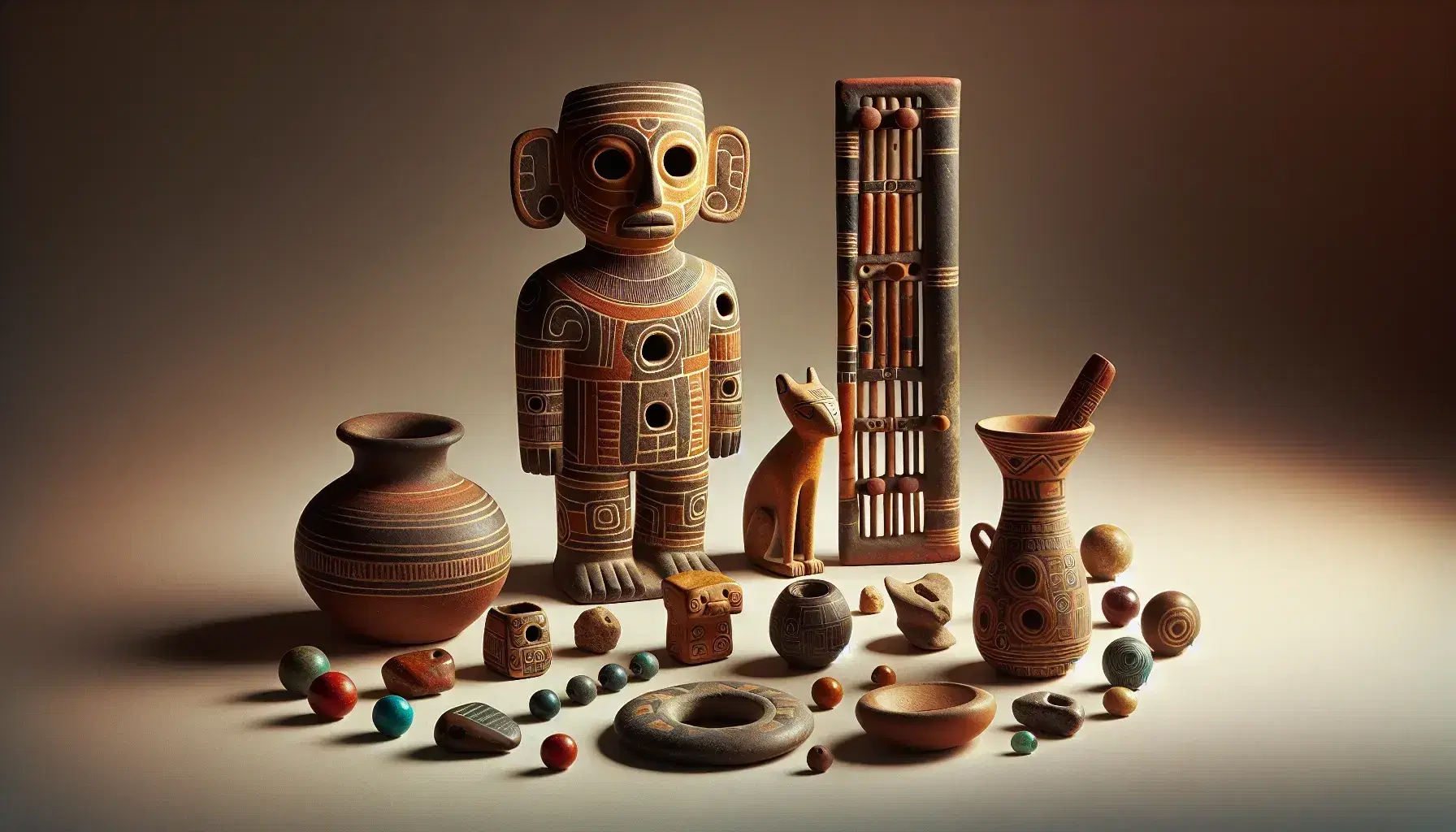 Colección de artefactos precolombinos con figura cerámica antropomorfa, olla de arcilla decorada, flauta de hueso y amuleto de piedra en forma de felino.