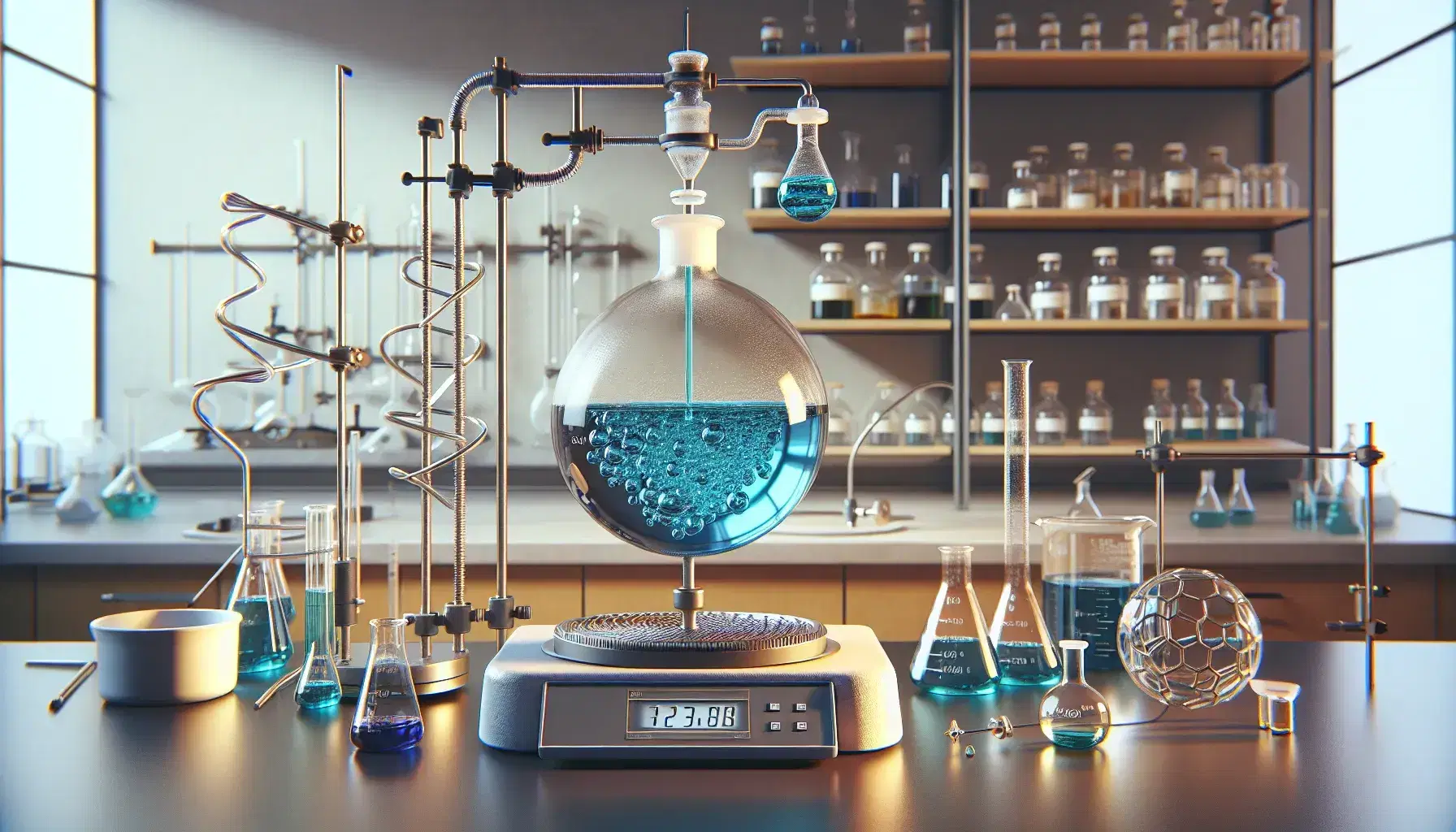 Chemical laboratory with round flask containing blue liquid connected to a Liebig condenser, digital scale and beaker on tripod.