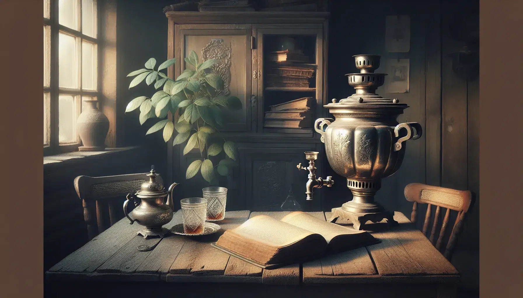 Rustic wooden table with an antique floral-patterned samovar, traditional Russian tea glasses in holders, a potted plant, and an open book on a chair.