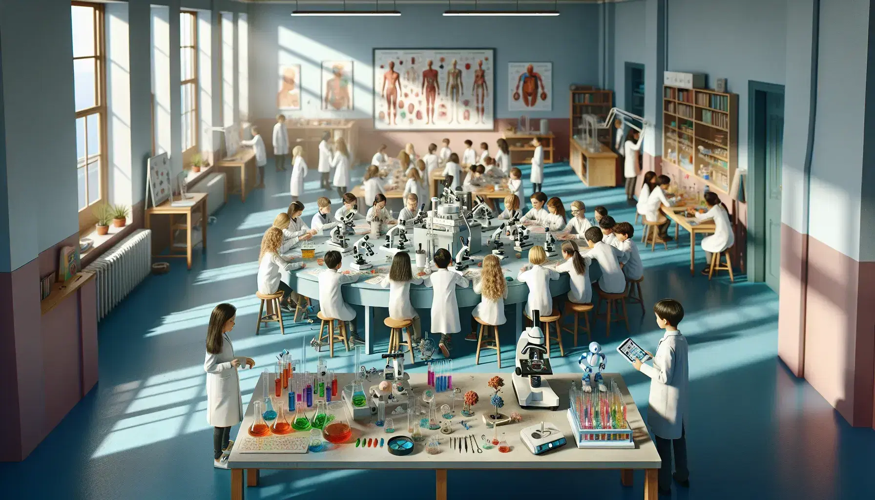 Aula scolastica colorata con bambini in camici che usano microscopi, tubi di prova e robot, sotto la supervisione di un insegnante.