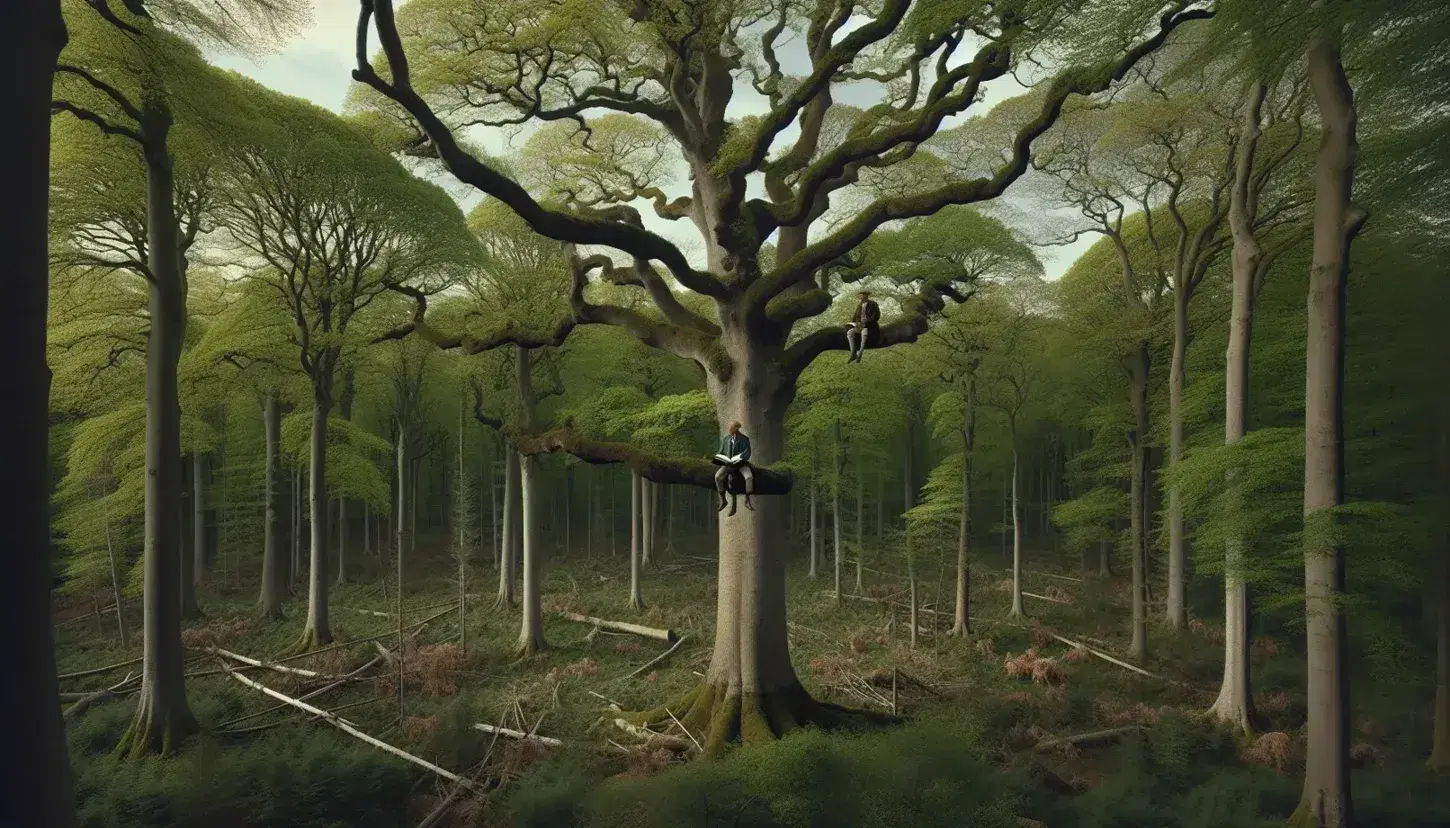 Paesaggio boschivo con uomo in abiti d'epoca seduto su ramo di un albero maestoso mentre legge un libro, circondato da natura rigogliosa.