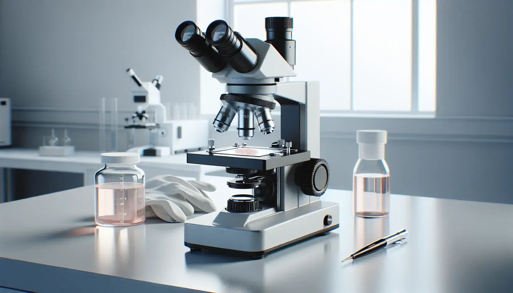 Microscopio moderno de laboratorio con objetivos de aumento sobre mesa blanca, muestra biológica en portaobjetos y guantes de látex al lado, en ambiente iluminado.