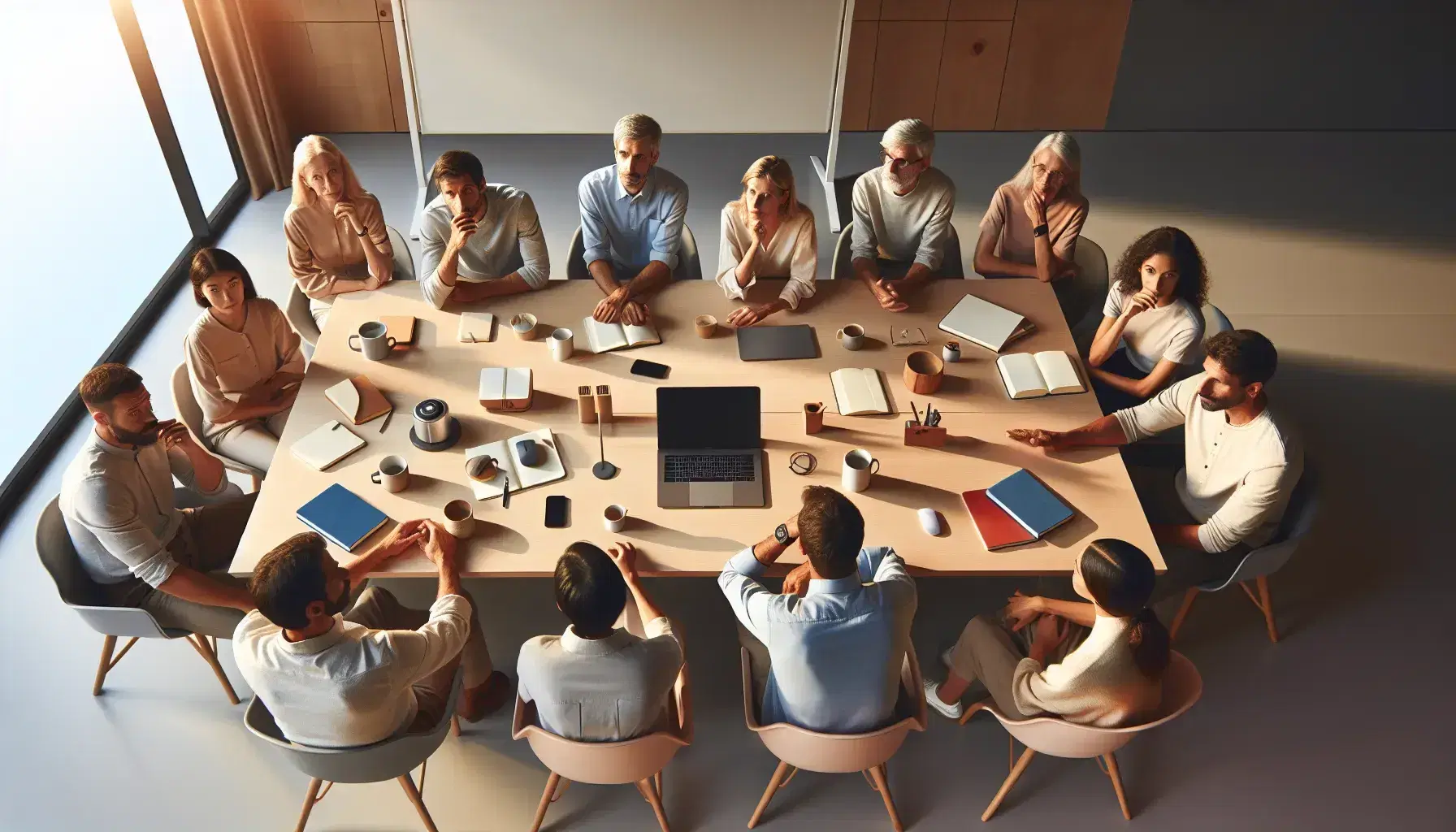 Grupo diverso de personas trabajando juntas en una oficina moderna con laptop, cuadernos y tazas de café sobre una mesa de madera.