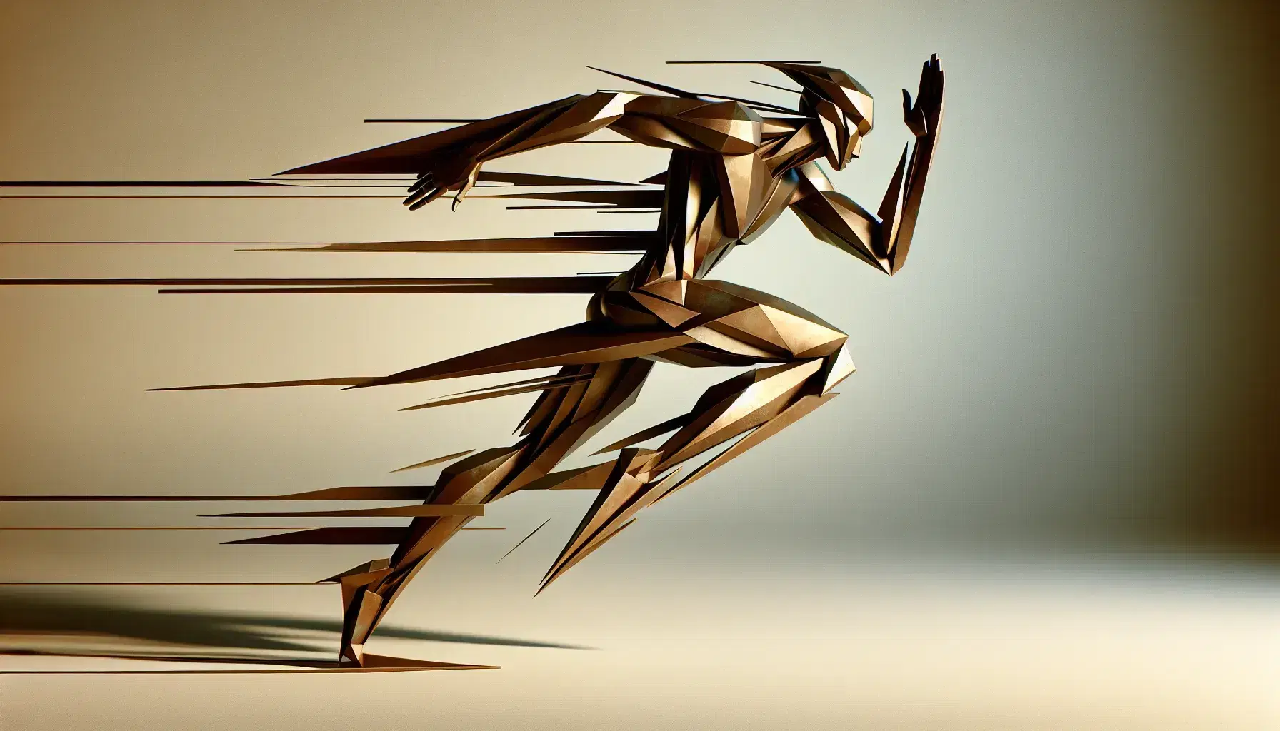 Scultura futuristica in bronzo di uomo in movimento con linee dinamiche e forme geometriche su sfondo neutro.