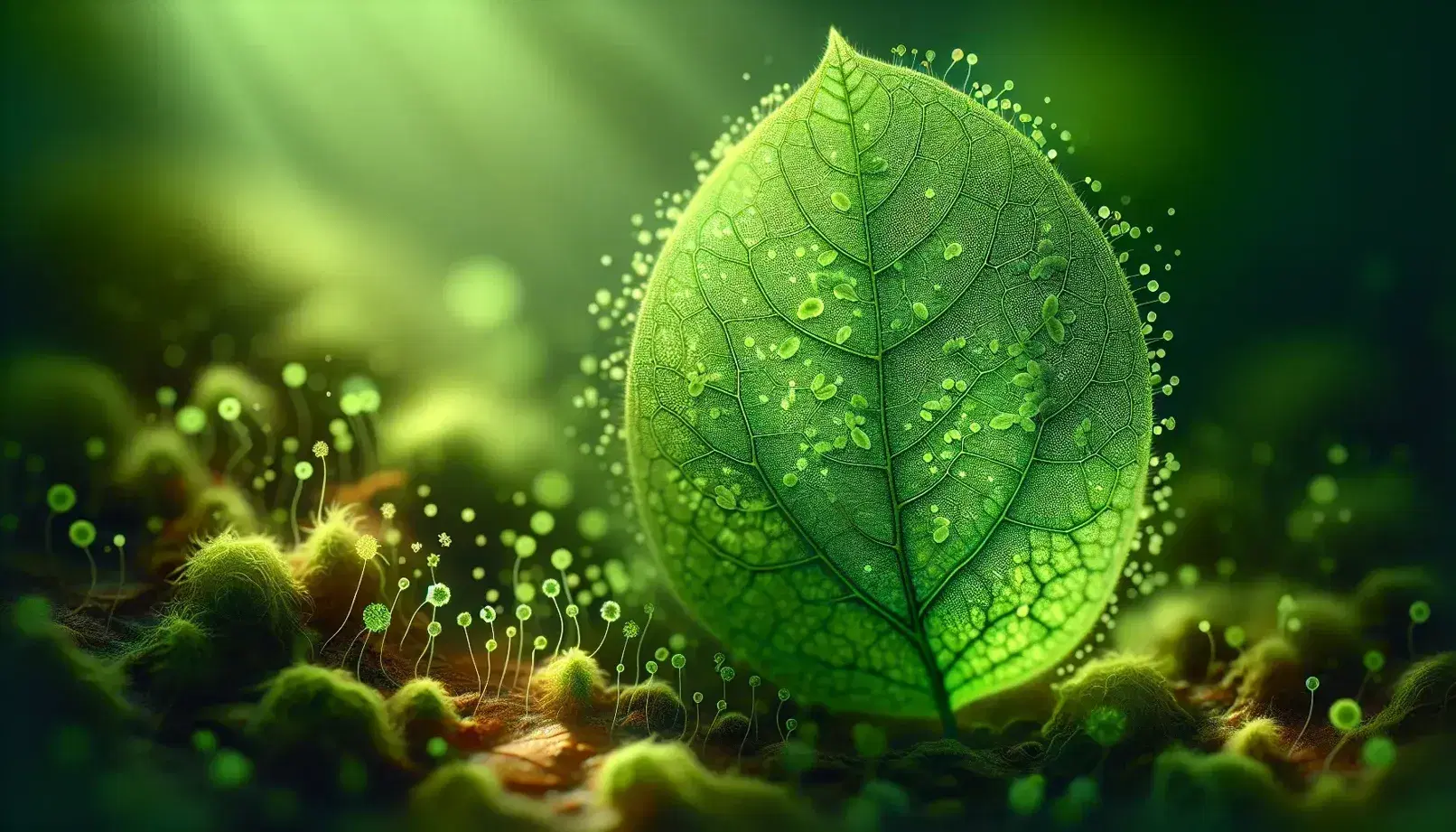 Close-up of a translucent green leaf with a detailed vein network and tiny, raised endophytes in shades of green, against a blurred natural backdrop.