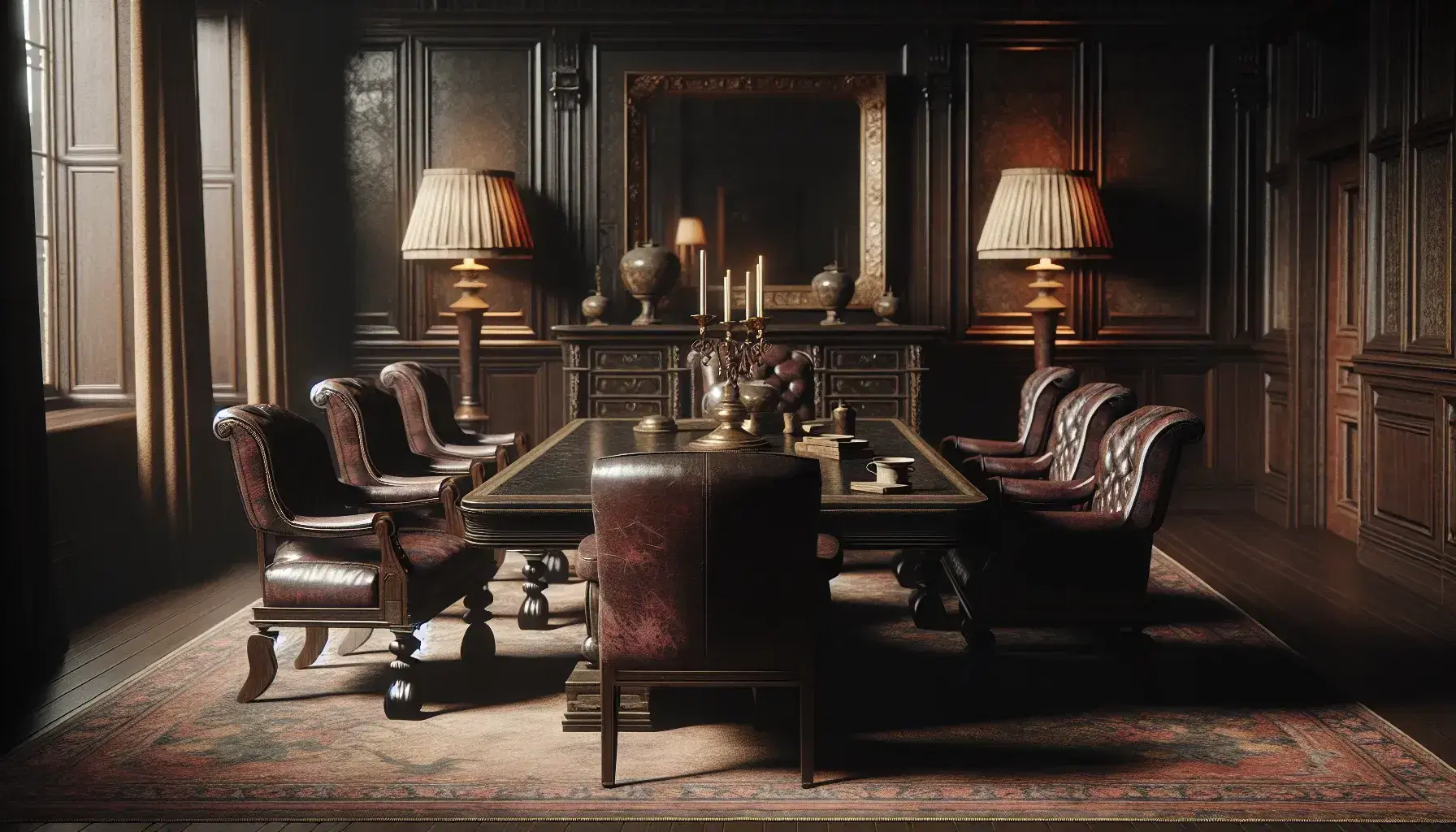Vintage living room with dark wood dining set, worn leather armchair, brass floor lamp, and ornate mirror above a sideboard, all under dim lighting.
