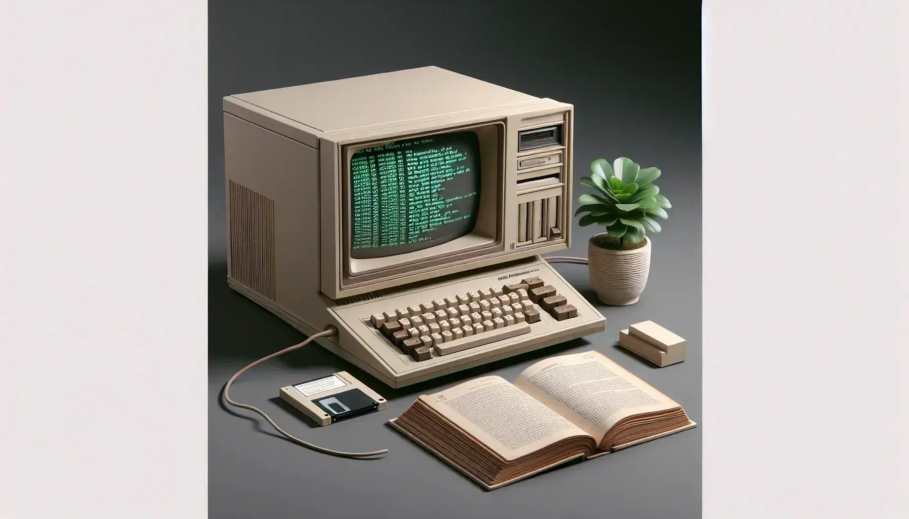 Vintage late 1970s or early 1980s computer with integrated CRT monitor and gray keyboard, next to an external floppy disk drive and a green potted plant.